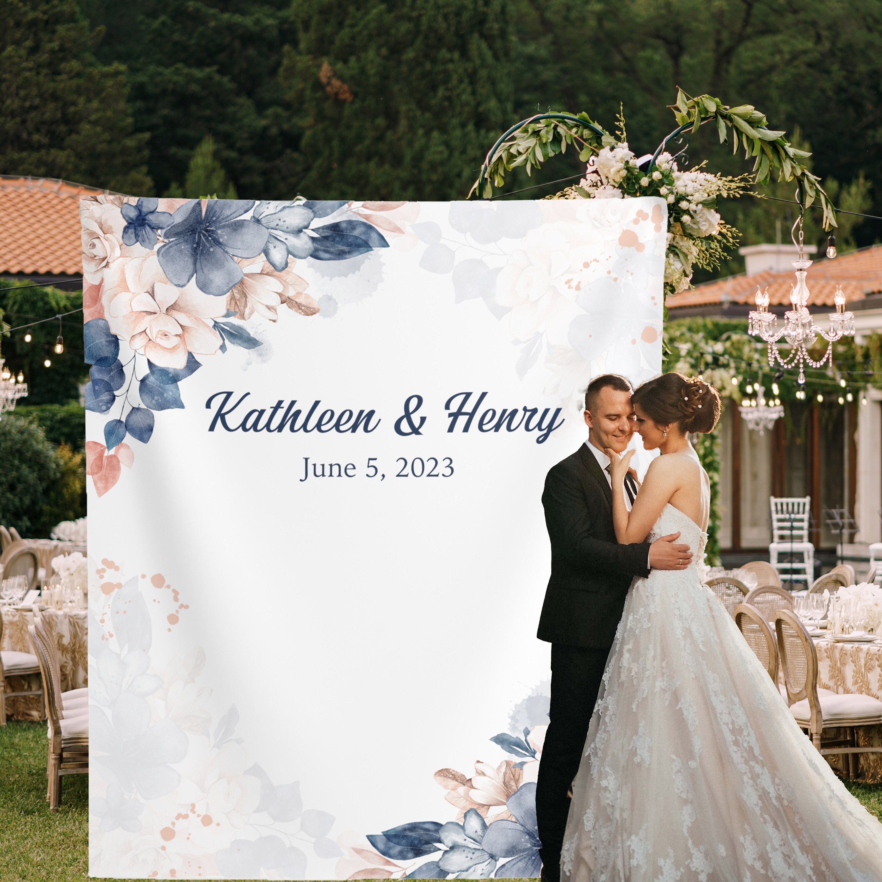 Blush and Navy Wedding Photo Backdrop Pink and Blue Floral Photo Booth Rehearsal Dinner Sign Wedding Welcome Sign Boho