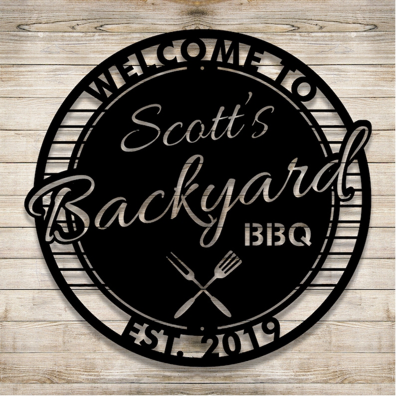 personalized metal BBQ sign custom backyard BBQ sign outdoor metal barbecue sign metal barbeque sign welcome to backyard sign wall mounted metal sign fork and spatula sign