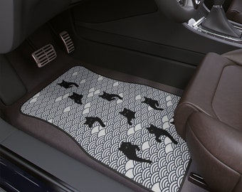 Black Cat Print Car Floor Mat (1 piece) Peeking Cat Car Floor Mat Front and Back Floor Mat Cat Pattern Floor Mat Japanese Pattern Floor Mat