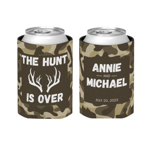 Personalized Can Cooler for Wedding Decorations Wedding Coozie Rehearsal Dinner Beer Can Cooler Engagement The Hunt is Over Camo Coozie