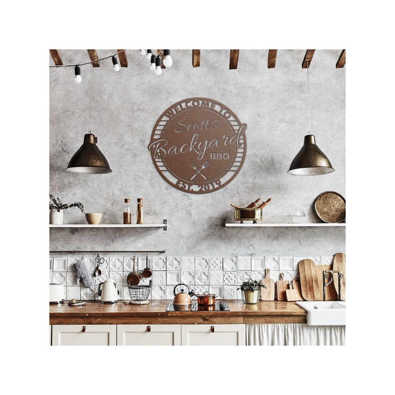 personalized metal BBQ sign custom backyard BBQ sign outdoor metal barbecue sign metal barbeque sign welcome to backyard sign wall mounted metal sign fork and spatula sign