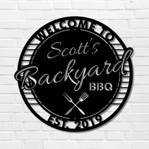 personalized metal BBQ sign custom backyard BBQ sign outdoor metal barbecue sign metal barbeque sign welcome to backyard sign wall mounted metal sign fork and spatula sign