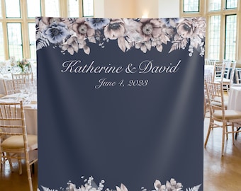 May include: A navy blue backdrop with a floral design in shades of gray and pink. The text "Katherine & David" and "June 4, 2023" is printed in white.