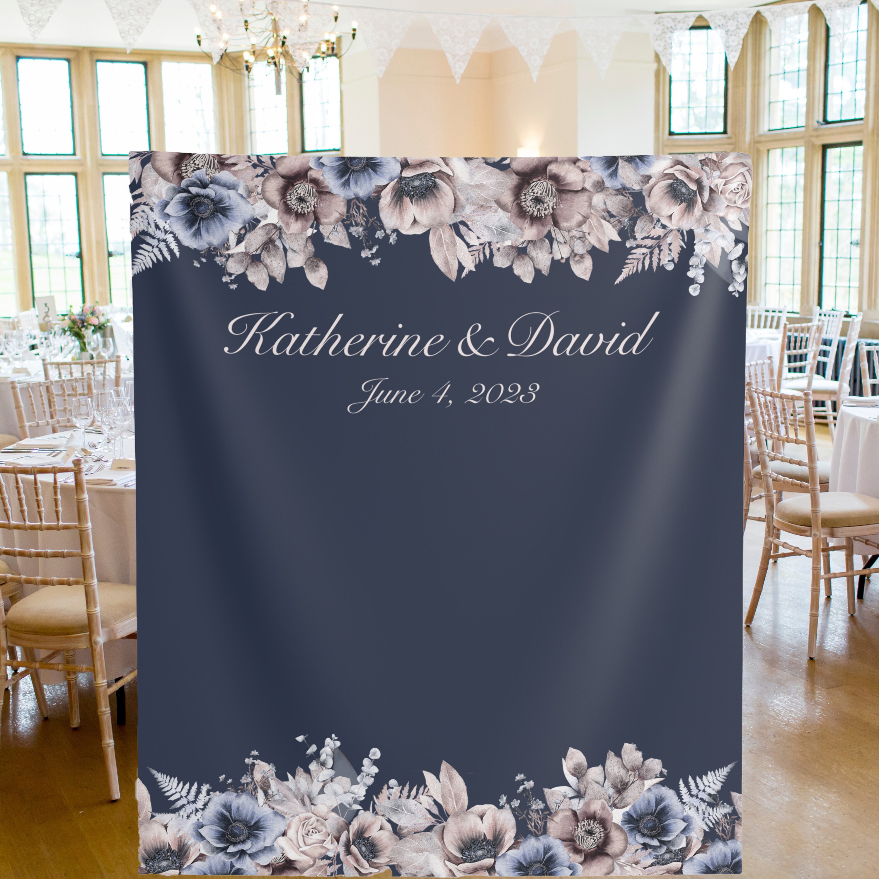 Personalized Blue and Blush Wedding Photo Backdrop Navy and Pink Wedding Backdrop Boho Wedding Sign Blue and Pink Floral