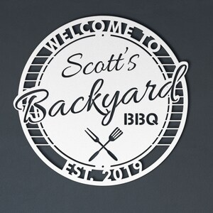 personalized metal BBQ sign custom backyard BBQ sign outdoor metal barbecue sign metal barbeque sign welcome to backyard sign wall mounted metal sign fork and spatula sign