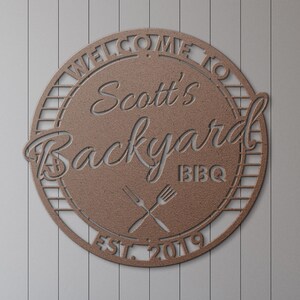personalized metal BBQ sign custom backyard BBQ sign outdoor metal barbecue sign metal barbeque sign welcome to backyard sign wall mounted metal sign fork and spatula sign