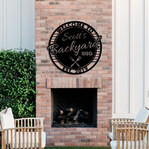 personalized metal BBQ sign custom backyard BBQ sign outdoor metal barbecue sign metal barbeque sign welcome to backyard sign wall mounted metal sign fork and spatula sign