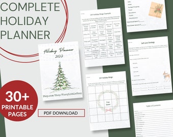 Könnte beinhalten: Ein druckbarer Urlaubsplaner mit über 30 Seiten, der eine Aquarell-Illustration eines Weihnachtsbaums zeigt. Der Planer enthält ein Inhaltsverzeichnis, DIY-Weihnachtsbingo-Karten und Strategien zur Selbstpflege. Der Text "Holiday Planner 2022" ist auf dem Cover sichtbar.