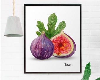 Fig Botanical Print | Fig Watercolor Painting | Kitchen Wall Decor | Digital Download | Printable Wall Art | Purple Fruit Illustration