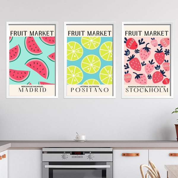 Fruit Market Posters, Set of 3 | Giclee Fine Art Prints | Stockholm, Madrid, Positano Fruit Market Artwork | Lemon, Strawberries, Watermelon