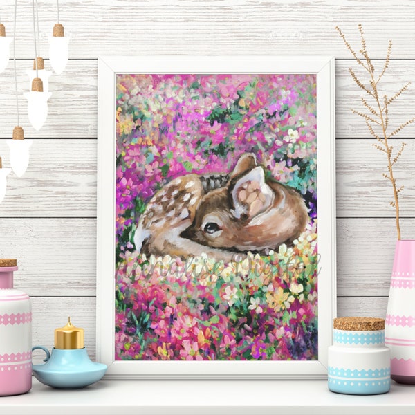 Fawn Nursery Art | Fawn Wall Art | Deer Nursery Art | Floral Deer Oil Painting Print | Forest Animal Decor | Baby Deer Theme Printable