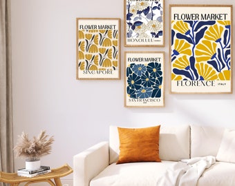 Navy Mustard Art | Flower Market Print Set | 3 Piece Wall Art | Gallery Wall | Indigo Blue Wall Decor | Digital Prints | Navy above bed art