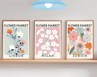 Zurich Flower Market | Lisbon & Milan Flower Market Prints | Danish Pastel Flower Market Posters | Printable Wall Art | Digital Prints