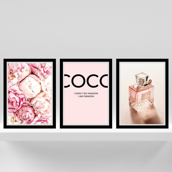 Paris Perfume Poster | Blush Pink Preppy Wall Art | High Fashion Art | 3 Piece Wall Art | Powder Room Decor | Designer Quote Poster