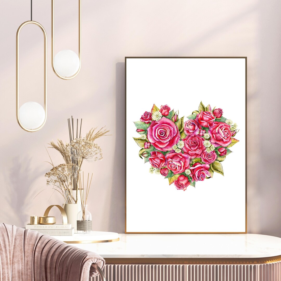 Floral Heart Print Girly Wall Art Peony Wall Art Watercolor Rose Print ...