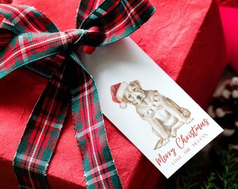 Yellow Lab Labrador Retriever Merry Christmas Tag with Santa Hat wrapped in lights