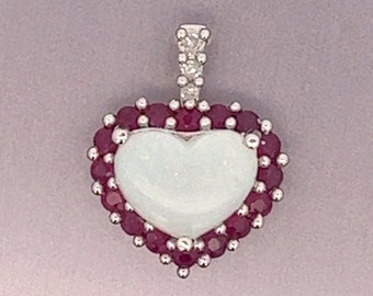 Genuine Opal Pendant - Heart Shaped with Halo - Rubies and Diamonds - 10k White Gold - Vintage~ ET662