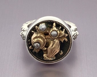 Victorian Sterling Silver Marcasite Ring: Hand & Flowers Button- ET258