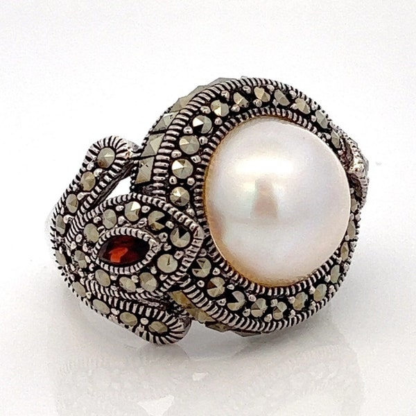 Large White Mabe Pearl, Garnet, and Marcasite Ring -  Sterling Silver Vintage - Size 6.25 - ET658