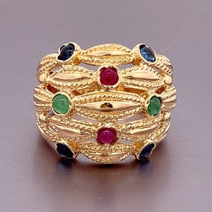 14k Yellow Gold Dome Ring: Ruby, Emerald, and Sapphire Wide Band ~ ET693