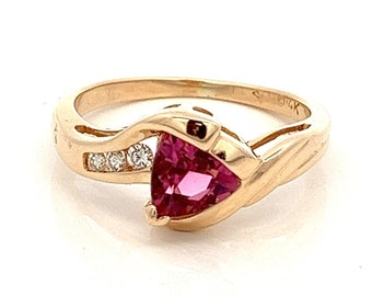 Trillion Shaped Pink Tourmaline with Diamonds Ring-  14k Yellow Gold ~  October  Birthstone Ring - Size 6.75- ET377