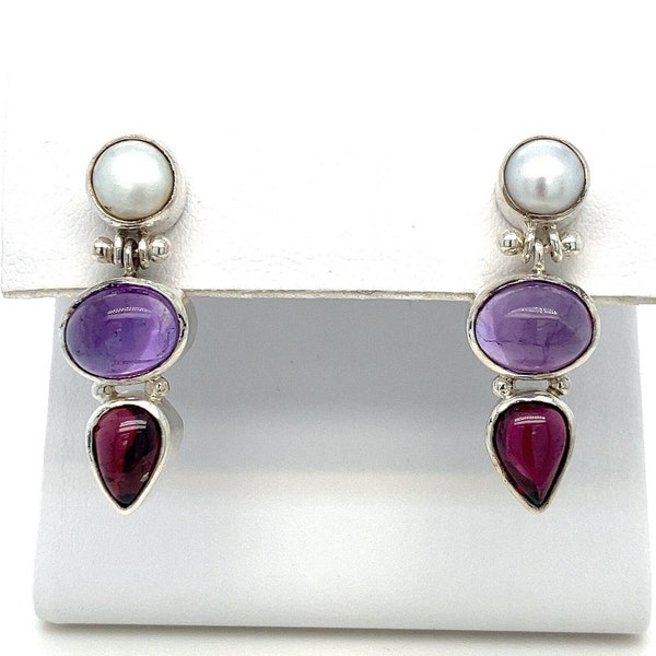 Genuine White Pearl, Amethyst, and Rhodolite Garnet Sterling Silver Dangle Drop Earrings - Multi Stone & Pearl - ET2445