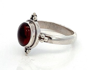 Natural Garnet Cabochon Sterling Silver Stackable Ring-  Hand Made Stack Ring ~ Size 5.75 - ET689