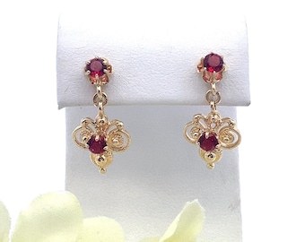 14k Yellow Gold Filigree Ruby Dangle Earrings: Vintage July Birthstone - ET3102
