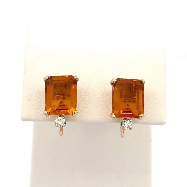 Emerald Cut Yellow Topaz Gemstone and Diamond 14k Yellow Gold Earrings, Vintage Screw Back Drop Earrings - Non-Pierced Earrings - ET1771