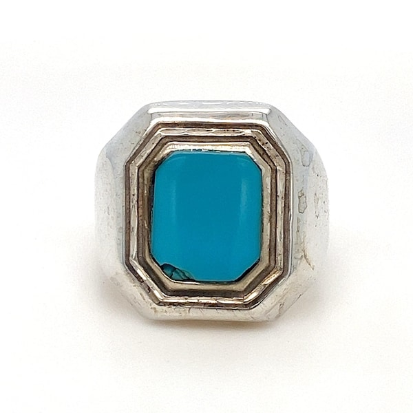 Men's Vintage Rectangular Turquoise Gemstone, Sterling Silver Navajo Southwest Style Ring - Signed OTT - Size 9.25 - ET2450