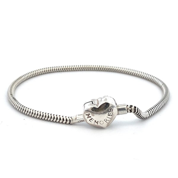 Heart Shaped Clasp Memories Snake Chain Bracelet~ Pandora/ Chamilia Compatible European Bead Charm Bracelet- 8.25"~ ET884