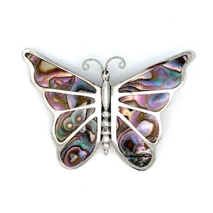 May include: A silver butterfly brooch with iridescent abalone shell wings. The wings have a detailed pattern of veins and a variety of colors, including purple, pink, green, and brown.