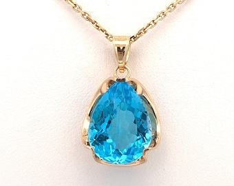 Large Pear Shaped Swiss Blue Topaz 14k Yellow Gold Pendant~ Handmade Setting - Vintage ~ ET1138