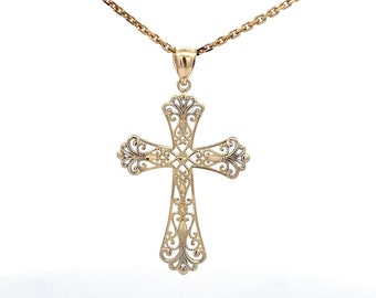 Large Filigree 14k Yellow Gold Cross - Women's Floral Cross - Diamond Cut Design - ET2133