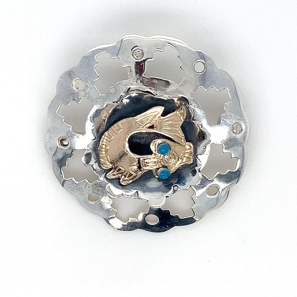 Vintage Handmade Peruvian Fish Brooch, Pin, Pendant ~ Turquoise, Sterling Silver, and 18k Rose Gold Aztec Incan - ET2400