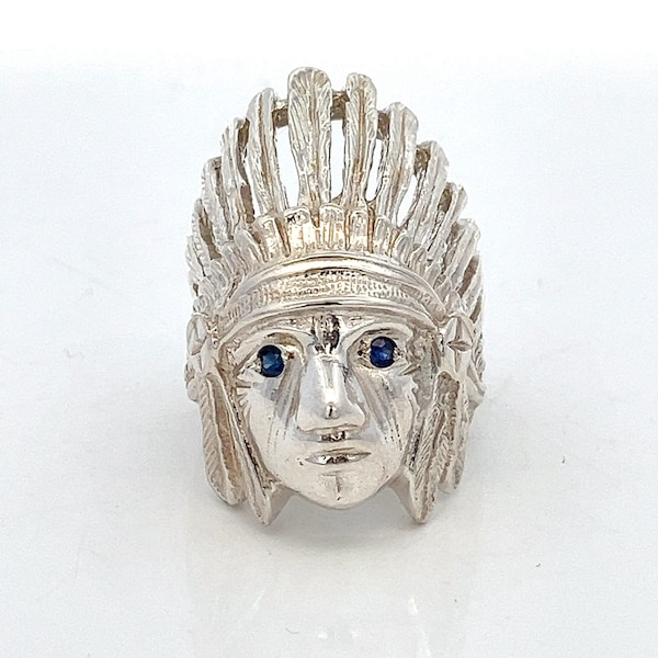 Native American Chief Indian Head  Sterling Silver Statement Ring - Unisex, Men's, Women's - Size 6.5 - ET2150