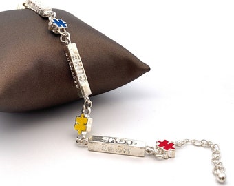Autism Awareness Bracelet: Silver Plated Enamel Puzzle Piece Link~ ET753
