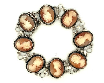 Vintage Cameo Sterling Silver Link Bracelet ~ Eight Carved Shell Ladies Face- 925 Silver - ET451