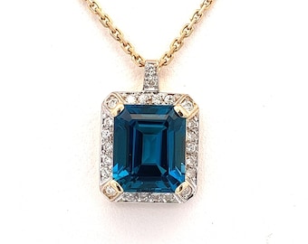 London Blue Topaz and Natural Diamond 14k Yellow Gold Pendant~. Set in Diamond Halo ~ ET625