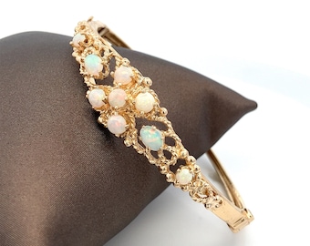 Vintage Opal Cluster Bangle: 14K Yellow Gold Hinged Bracelet- ET1839