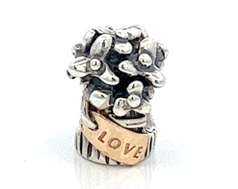 Authentic PANDORA Bouquet of Flowers Sterling Silver Charm With 14K Gold Love Tag 925 Retired European Bead Charm ET871