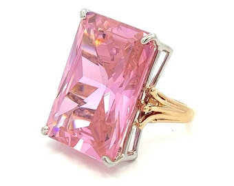 14k Gold Giant Large Rectangular Pink Cubic Zirconia ~ 14k Yellow, White Gold Two-Tone Statement Ring ~  Baby Pink Handmade Setting ~ ET1670