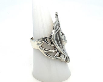 Vintage Art Nouveau Sterling Silver Woman's Face Ring - Size