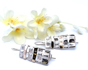Two Tone Sterling Silver and 14k Yellow Gold Geometric Dangle Earrings - Mixed Metal Balance Dangle Drops - ET3740