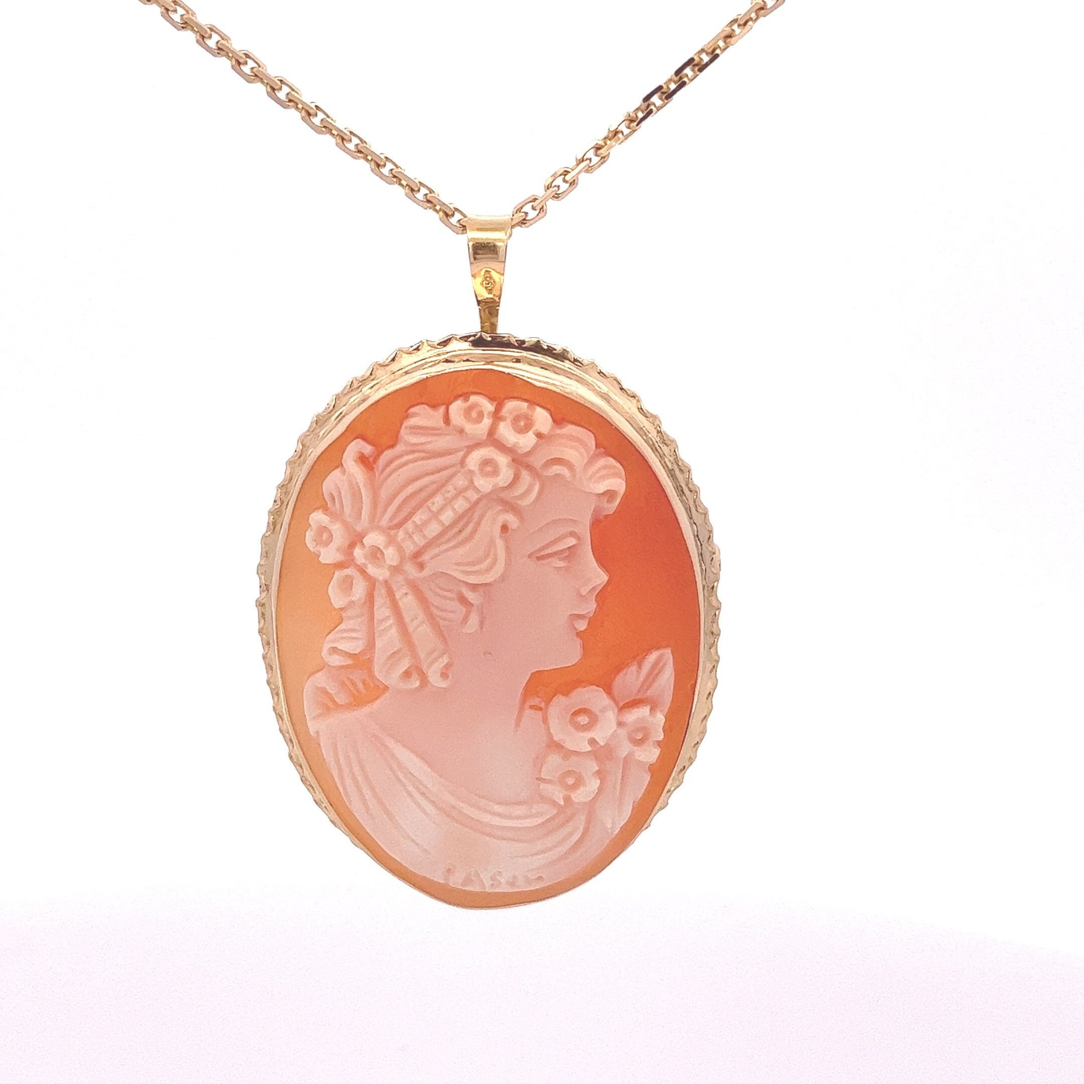 Vintage Signed 18k Yellow Gold Cameo Pendant and Brooch Pin Intricate Carving Woman Flowers ET101
