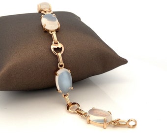 Vintage 14k Yellow Gold Moonstone Link Bracelet - 7.25"- ET1356