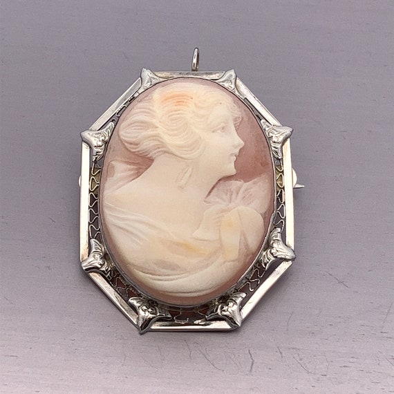 Vintage  14k White Gold Filigree Shell Cameo Pend… - image 1