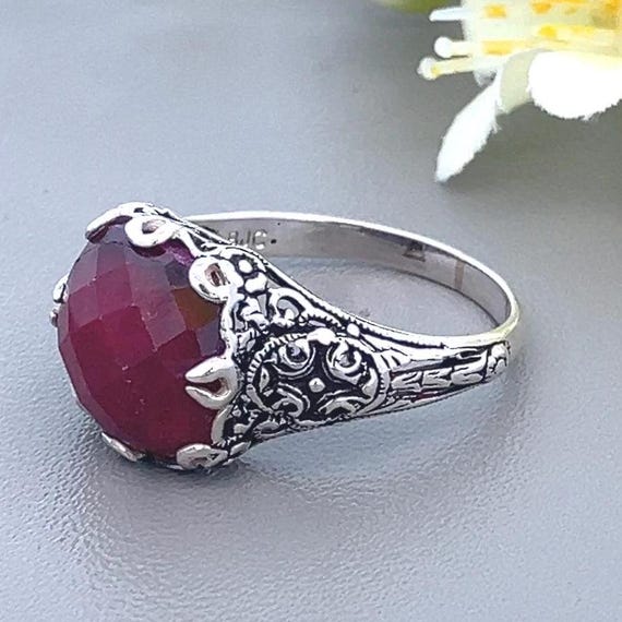 5CT Natural Ruby Sterling Silver Ring - Ornate Fl… - image 4