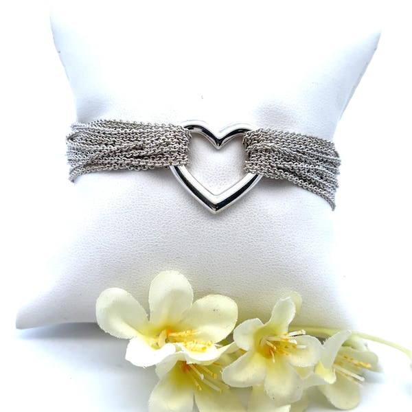 Authentic Tiffany & Co Sterling Silver Multi Strand Heart Toggle Bracelet -  925 Silver Chains Bracelet -  Fits a 6.75" wrist- ET3643