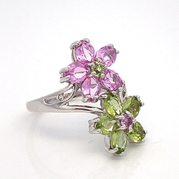 Peridot and Pink Topaz Two Flowers Sterling Silver